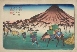 Oiwake, Reisende mit einem Pferd ziehen an einem Berg vorbei, Blatt 22 aus der Serie: Die neunundsechzig Stationen der Kisokaido-Straße / Kisokaido rokujūkyū tsugi von Keisai Eisen
