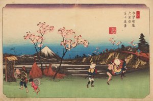 Omiya, rosa blühende Bäume am Weg, Tafel 5 aus der Serie: Die neunundsechzig Stationen der Kisokaido-Straße von Keisai Eisen