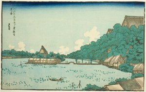 Toeizan-Tempel vom Shinobazu-Benten-Schrein in Edo gesehen, aus einer Serie berühmter Orte in Edo mit Rahmen aus westlichen Buchstaben von Keisai Eisen