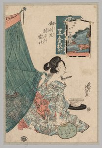 Frau mit Papieren im Mund und Fächer in der Hand, 1789-1851 von Keisai Eisen