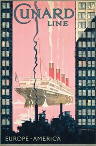 Plakat zur Werbung für Reisen von Europa nach Amerika mit der Reederei Cunard Line, ca. 1925