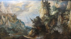 Eine gebirgige Landschaft mit einem Wasserfall von Kerstiaen de Keuninck, um 1600