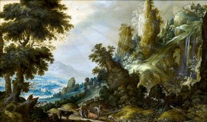 Berglandschaft mit Wasserfall von Kerstiaen de Keuninck