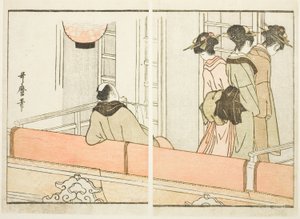 Eine Loge im Kabuki-Theater, aus dem illustrierten Buch "Führer zu den Umkleideräumen der Schauspieler (Yakusha gakuya tsu)" von Kitagawa Utamaro