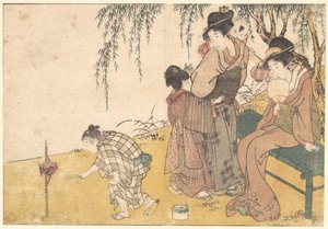 Ein Kind zündet Feuerwerk an, aus dem illustrierten Buch Blumen der vier Jahreszeiten von Kitagawa Utamaro