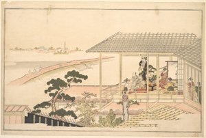 Eine Gesellschaft von Lustigen in einem Haus in Yoshiwara bei Mondschein von Kitagawa Utamaro