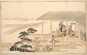 Eine fröhliche Gesellschaft in einem Haus in Yoshiwara bei Mondschein, 1789 von Kitagawa Utamaro
