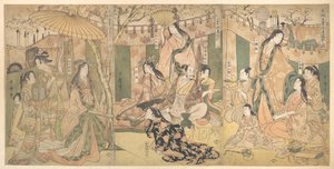 Ein Blick auf die Freuden des Taiko und seiner fünf Frauen in Rakutō von Kitagawa Utamaro