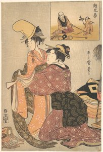 Eine Frau kleidet ein Mädchen für den Kabuki-Tanz „Musume Dojōji“ an, mit „Bruderbild“ (E-kyōdai) eines Affentrainers von Kitagawa Utamaro