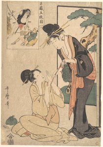 Eine Frau entreißt ihrer Mutter eine Tüte Süßigkeiten von Kitagawa Utamaro