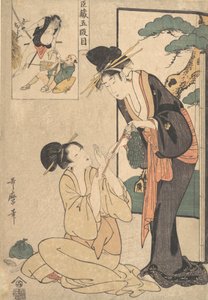 Eine Frau reißt ihrer Mutter eine Tüte Süßigkeiten aus der Hand von Kitagawa Utamaro