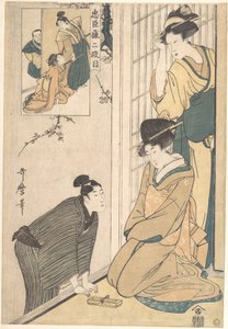 Ein junger Mann an der Seite eines Hauses von Kitagawa Utamaro