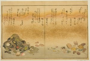 Ashi-gai, hamaguri, ko-gai, suzume-gai, akoya-gai und katashi-gai, aus dem illustrierten Buch "Geschenke von der Ebbe (Shiohi no tsuto)" von Kitagawa Utamaro
