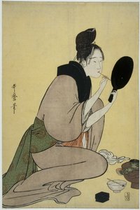 Bijin-ga. Mädchen trägt Lippenstift auf von Kitagawa Utamaro