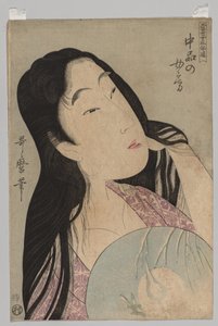Büste einer Frau mit offenem Haar, die einen Fächer hält von Kitagawa Utamaro