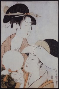 Büstenporträt von zwei Frauen, eine hält einen Fächer, die andere mit Kopfbedeckung hält eine Teetasse von Kitagawa Utamaro