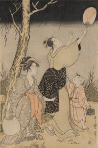 Glühwürmchen fangen unter einem Weidenbaum links, ca. 1796-1797 von Kitagawa Utamaro