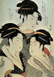 Nahaufnahme eines Gemäldes von drei Frauen, Kitagawa Utamaro, Kansei-Ära, Japan