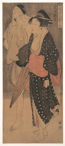 Paar in einem abendlichen Regenschauer, aus der Serie Drei abendliche Freuden der schwebenden Welt von Kitagawa Utamaro