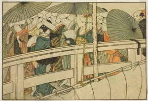 Überquerung einer Brücke im Sommer, aus dem illustrierten Buch "Bilderbuch: Blumen der vier Jahreszeiten (Ehon shiki no hana)," Bd. 1