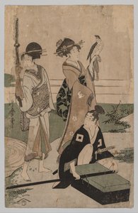 Daimio und sein Gefolge überqueren einen Bach in der Ebene bei Fuji, 1753-1806 von Kitagawa Utamaro