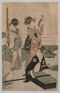 Daimyō und sein Gefolge überqueren einen Bach in der Ebene bei Fuji von Kitagawa Utamaro