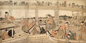 Fischerboote mit Netzen unter der Ryogoku-Brücke, 1790er Jahre