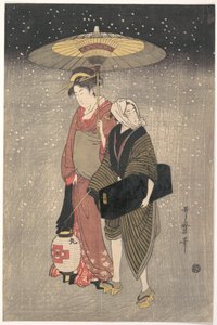 Geisha, die nachts durch den Schnee geht von Kitagawa Utamaro
