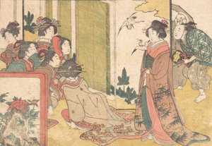 Mädchen, die von Darstellern unterhalten werden, aus dem illustrierten Buch Blumen der vier Jahreszeiten, 1801 von Kitagawa Utamaro
