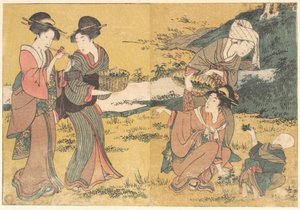 Mädchen, die grüne Blätter pflücken, aus dem illustrierten Buch Blumen der vier Jahreszeiten von Kitagawa Utamaro