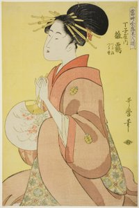 Hinazuru vom Chojiya, deren Begleiter Tsuruji und Tsuruno sind, aus der Serie "Reihe der höchsten Schönheiten der Gegenwart"