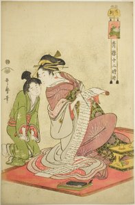 Stunde des Hundes (Inu no koku), aus der Serie "Zwölf Stunden in Yoshiwara (Seiro juni toki tsuzuki)" von Kitagawa Utamaro