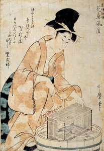 Japanische Kunst: Frau sitzt vor einem Vogelkäfig. Zeichnung von Outamaro (Utamaro) Kitagawa (1753-1806) 18. Jahrhundert von Kitagawa Utamaro