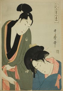 Liebende, die sich am Morgen trennen, aus der Serie "Elegante Fünfnadel-Kiefer (Furyu goyo no matsu)" von Kitagawa Utamaro