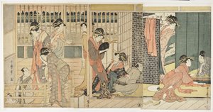 Morgentrennung in den vorübergehenden Unterkünften des Vergnügungsviertels, 1801 von Kitagawa Utamaro