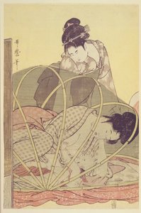 Mutter stillt Baby unter Moskitonetz, ca. 1795 von Kitagawa Utamaro
