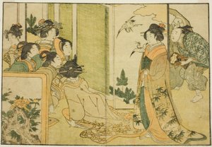 Neujahrs-Manzai-Aufführung in der Residenz eines Feudalherren, aus dem illustrierten Buch "Bilderbuch: Blumen der vier Jahreszeiten (Ehon shiki no hana)," Bd. 1 von Kitagawa Utamaro