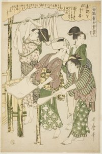 Nr. 10 (ju), aus der Serie "Frauen, die in der Seidenraupenzucht tätig sind (Joshoku kaiko tewaza-gusa)" von Kitagawa Utamaro