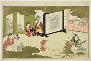 Aufführung eines dressierten Affen, aus einer illustrierten Gedichtanthologie mit dem Titel "Der junge Gott Ebisu (Waka Ebisu)"