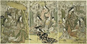 Bild von Hideyoshi und seinen fünf Frauen, die Kirschblüten in Higashiyama betrachten