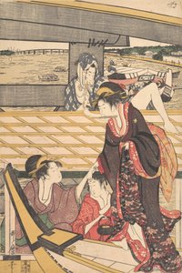 Vergnügungsfahrten in Booten auf dem Sumida-Fluss unter der Ryogoku-Brücke von Kitagawa Utamaro