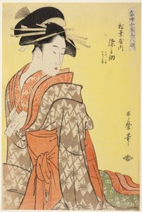 Somenosuke vom Matsubaya, [deren Begleiter] Wakagi, Wakaba, aus der Serie "Reihe der höchsten Schönheiten der Gegenwart" von Kitagawa Utamaro