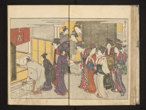 Menschenmenge schaut in ein Zimmer von Kitagawa Utamaro