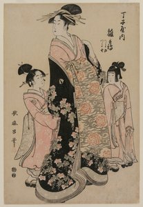 Die Kurtisane Hinazuru von Chojiya mit ihren Begleiterinnen Tsuruji und Tsuruno von Kitagawa Utamaro