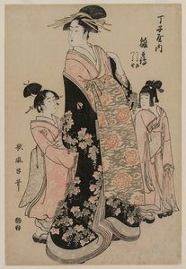 Die Kurtisane Hinazuru von Chojiya mit ihren Begleiterinnen Tsuruji und Tsuruno, ca. 1794