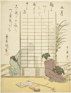 Der neunte Monat (Kugatsu), aus einer unbetitelten Serie von Genreszenen in den zwölf Monaten, mit Kyoka-Gedichten von Kitagawa Utamaro