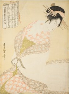 Der weiße Mantel, aus der Serie "Neue Muster von Brokat gewebt im Utamaro-Stil (Nishiki-ori Utamaro-gata-moyo)" von Kitagawa Utamaro
