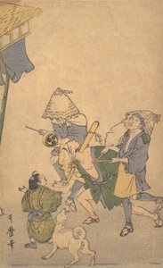 Drei Feiernde der unteren Klassen, die Komuso-Hüte tragen..., spätes 18. bis frühes 19. Jahrhundert von Kitagawa Utamaro
