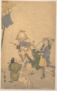 Drei Feiernde der unteren Klassen, mit Komuso-Hüten, mit kleinem Jungen und Hund von Kitagawa Utamaro