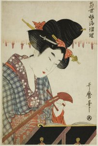 Ein Shamisen stimmen, aus der Serie Gesänge zum Shamisen von jungen Frauen von heute von Kitagawa Utamaro